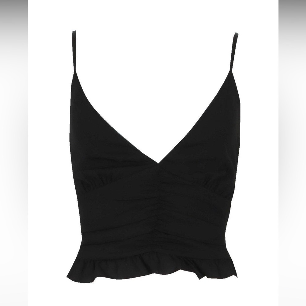 Woven ruched ruffle cami top in black